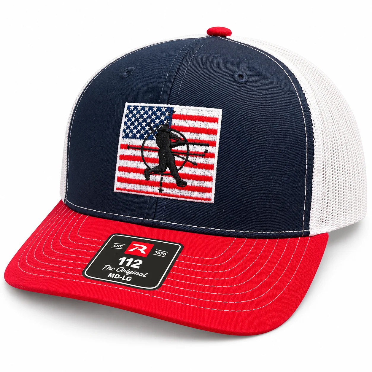 AHA Patriot Richardson 112 hat in navy, red and white, featuring an American flag hitter patch